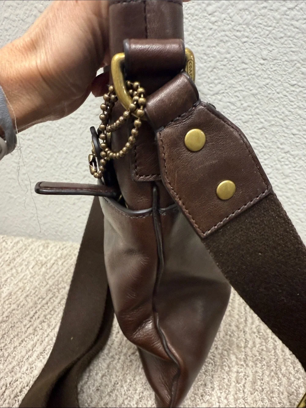 Coach Dark Brown Leather Messenger Bag with Brass Tags